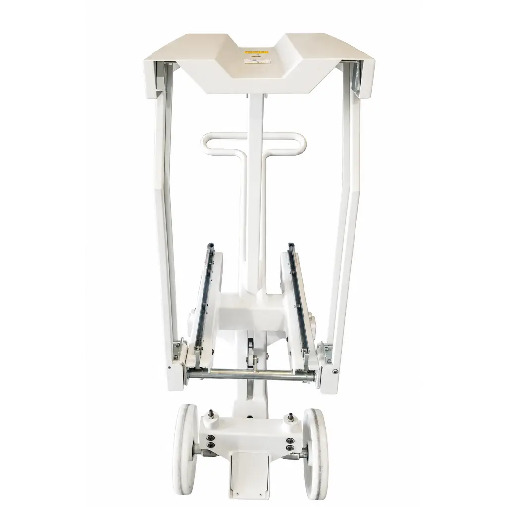 White industrial-grade wheelchair lift with metal frame and smooth wheels for biomed certified equipment transport