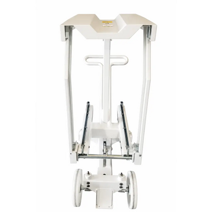 White industrial-grade wheelchair lift with metal frame and smooth wheels for biomed certified equipment transport