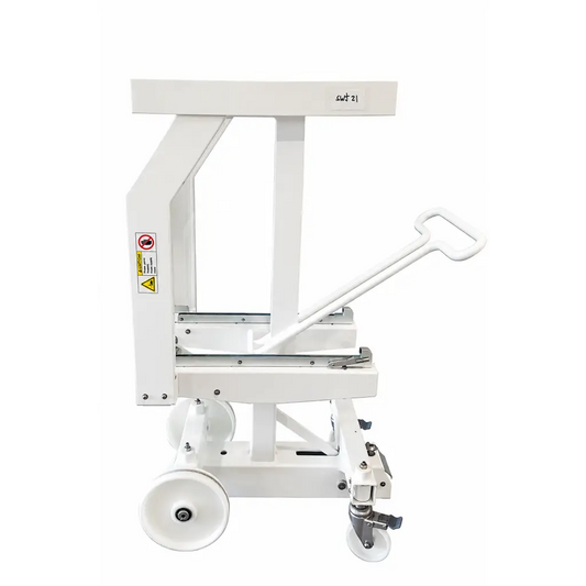 White biomed certified mobile nuclear medicine gamma camera collimator cart with metal frame and four caster wheels for equipment transport