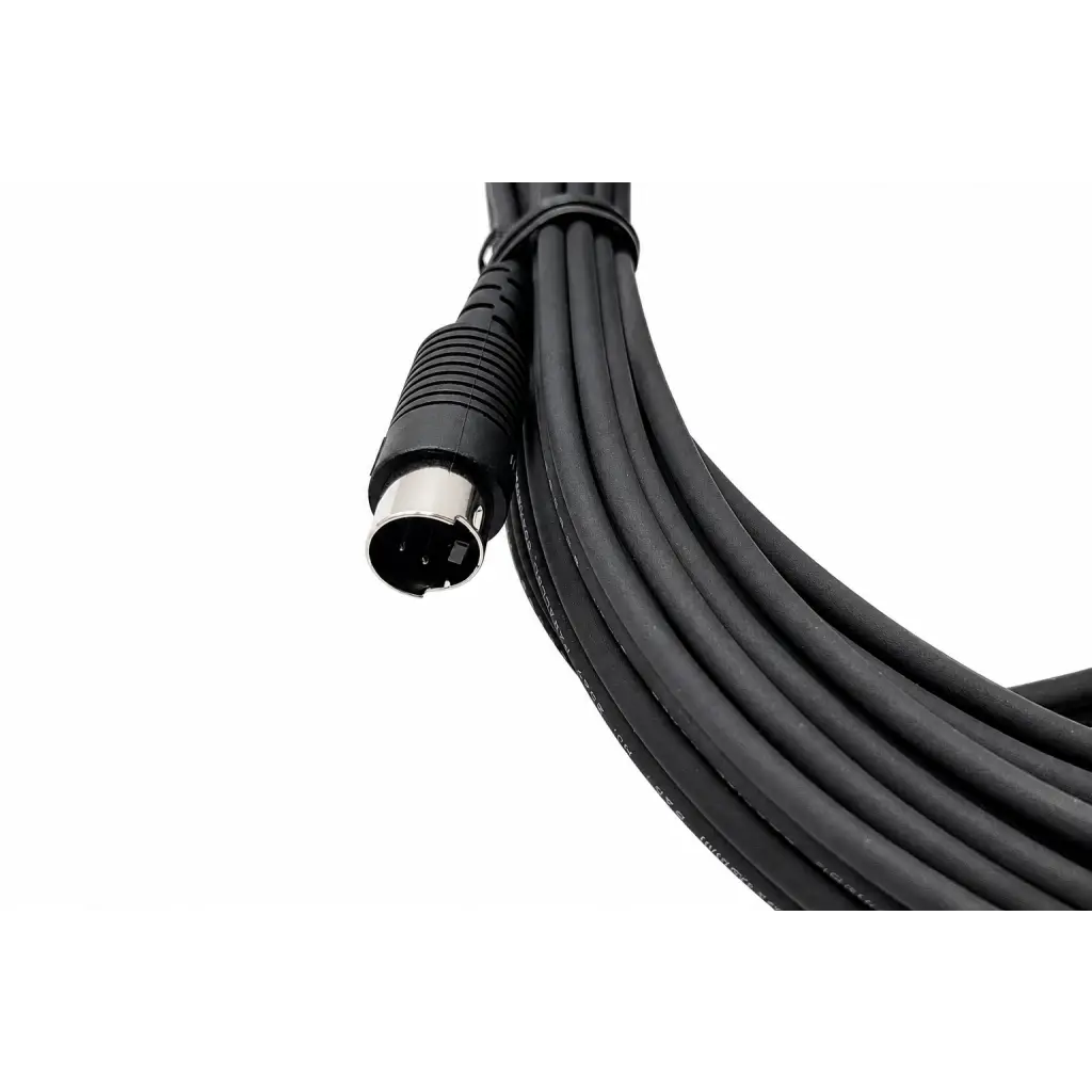 Mogami black mini-din biomed certified equipment cable with coiled black audio cable and metallic xlr connector