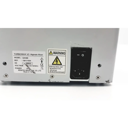 Silver industrial-grade monitex industrial turbomax v3 aligate mixer gx300 with black power switch and warning label