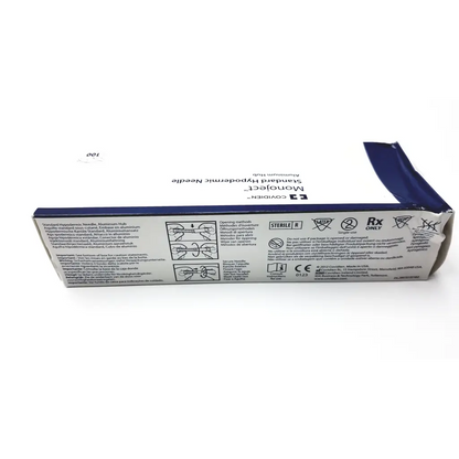 Blue and white cardboard box for sterile single-use monoject standard hypodermic needle 22g011 packaging
