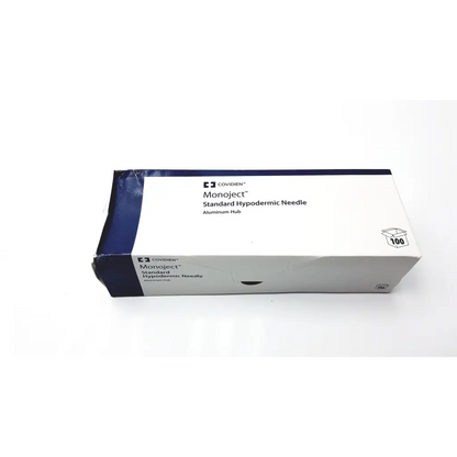 Covidien monoject standard hypodermic needle 22g011 box with white and blue packaging for medical injections