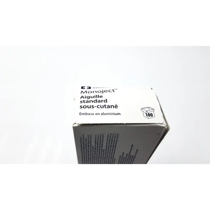 White cardboard box of monoject standard hypodermic needle 22g011 containing 100 aluminum hypodermic needles