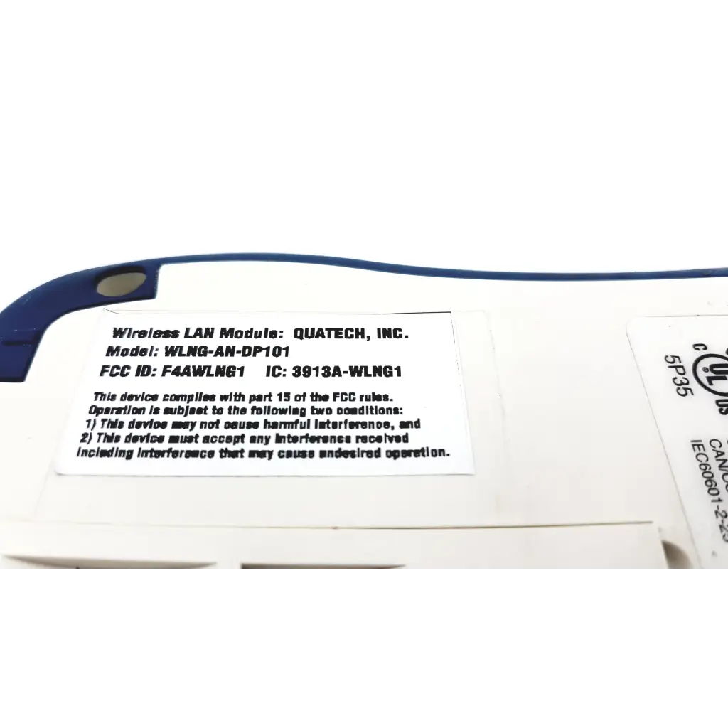 White plastic wireless lan module with blue accent and label on back of mortara eli 10 series electrocardiograph portable system