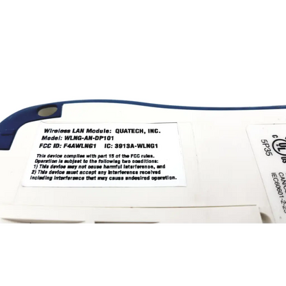 White plastic wireless lan module with blue accent and label on back of mortara eli 10 series electrocardiograph portable system