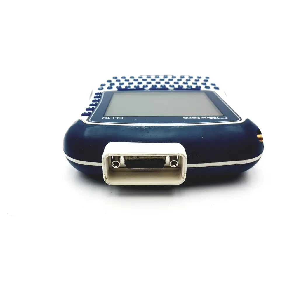 Navy blue mortara eli 10 series electrocardiograph portable ekg with white-bordered screen dotted keypad and port cover