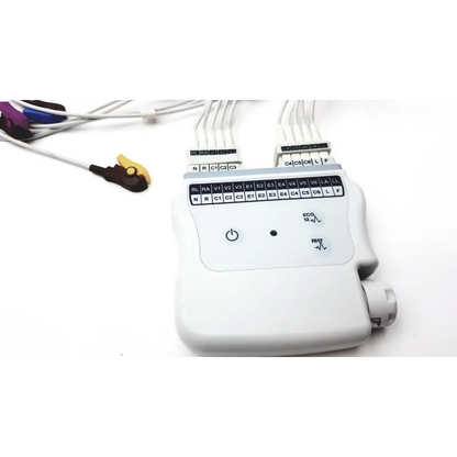 White plastic mortara instrument wireless acquisition module with labeled electrode input ports and power button