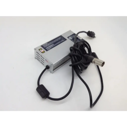 Silver rectangular 24v scooter wheelchair battery charger by MRC Technology with black power cord and 3 pin connectors