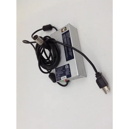 Silver rectangular mrc technology inc 24v scooter wheelchair battery charger with black coiled cable and standard plug