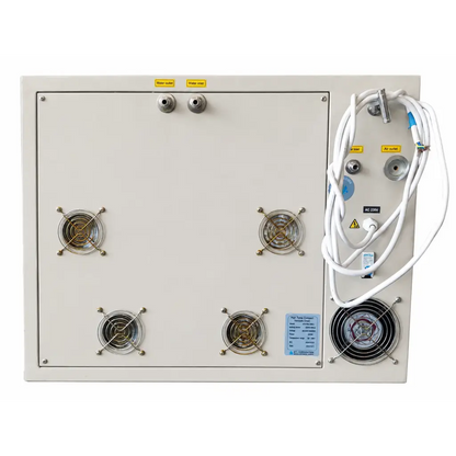 Beige industrial control panel with fans and labeled ports on the back of biomed certified mti compact vacuum oven