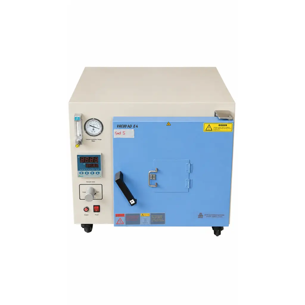 Blue and beige biomed certified compact vacuum oven with digital display pressure gauge and control knobs by mti corporation