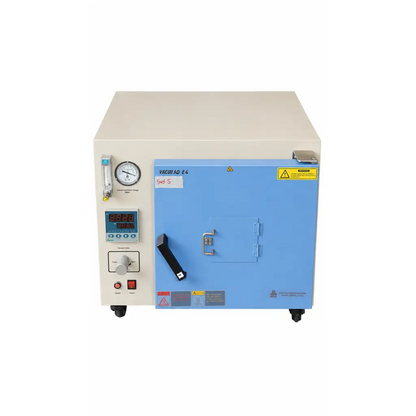 Blue and beige biomed certified compact vacuum oven with digital display pressure gauge and control knobs by mti corporation