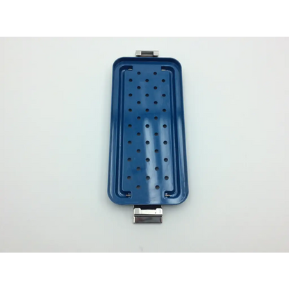Blue rectangular metallic surgical tray with perforated surface and clasp closures in multipak 5006-50-000p sterilization container