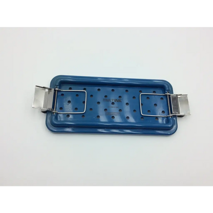 Blue enamel surgical instrument tray with silver clamps and perforated surface in multipak 5006-50-000p sterilization container