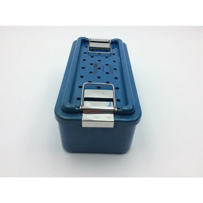 Blue plastic multipak 5006-50-000p sterilization container with silver metal latches and perforated lid for surgical use
