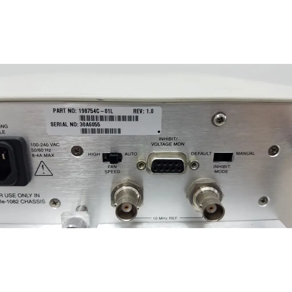 Silver metallic rear panel of national instruments pxi express chassis with labeled ports and barcode for data acquisition modules