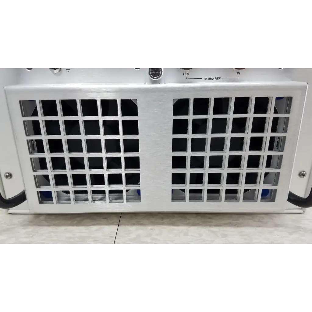 Silver metallic national instruments pxi express signal generator rack with ventilation grille and labeled io ports