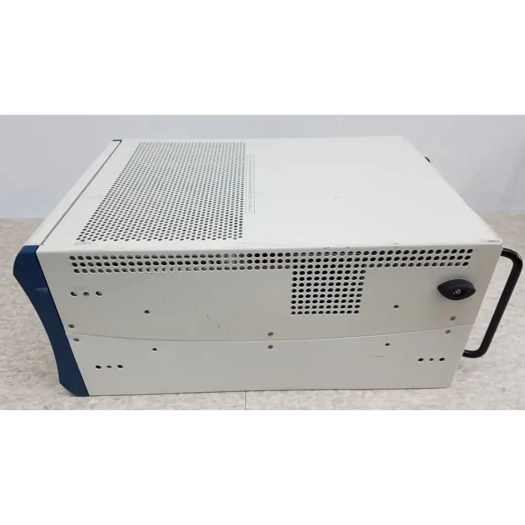 White and blue industrial-grade national instruments pxi express server rack chassis with perforated ventilation panels and data acquisition modules
