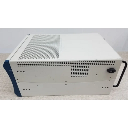 White and blue industrial-grade national instruments pxi express server rack chassis with perforated ventilation panels and data acquisition modules