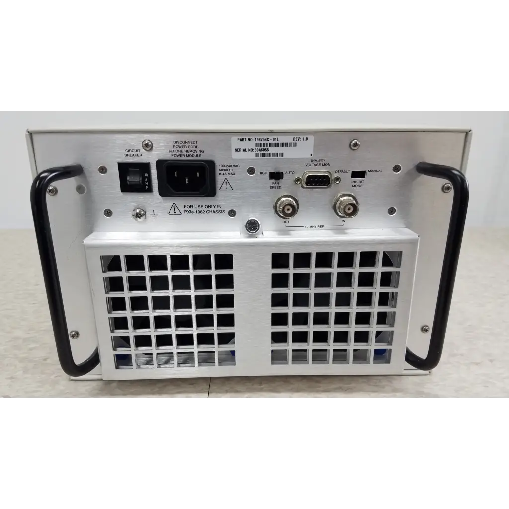 Silver metallic national instruments pxi express industrial power supply with black handles and ventilation grille for data acquisition