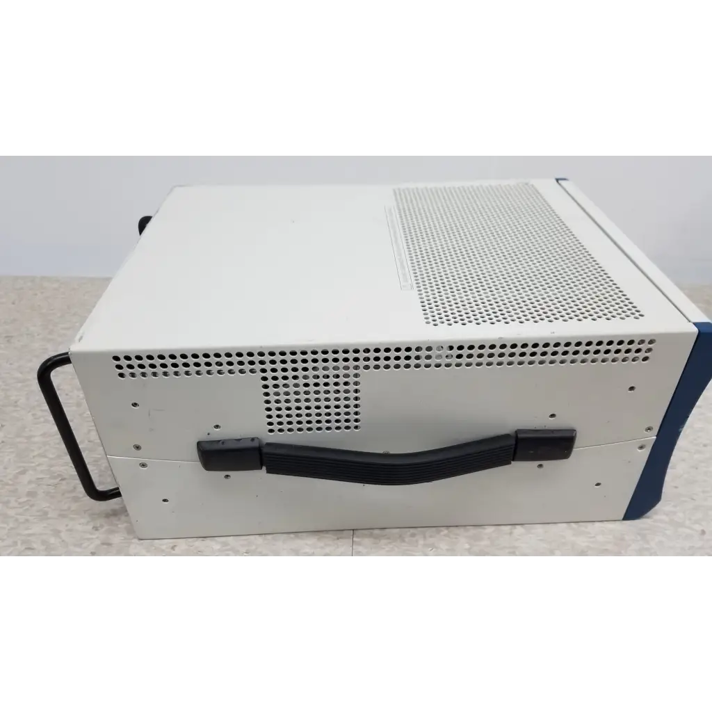 National Instruments pxi express chassis with white blue perforated metal casing black handle for data acquisition modules