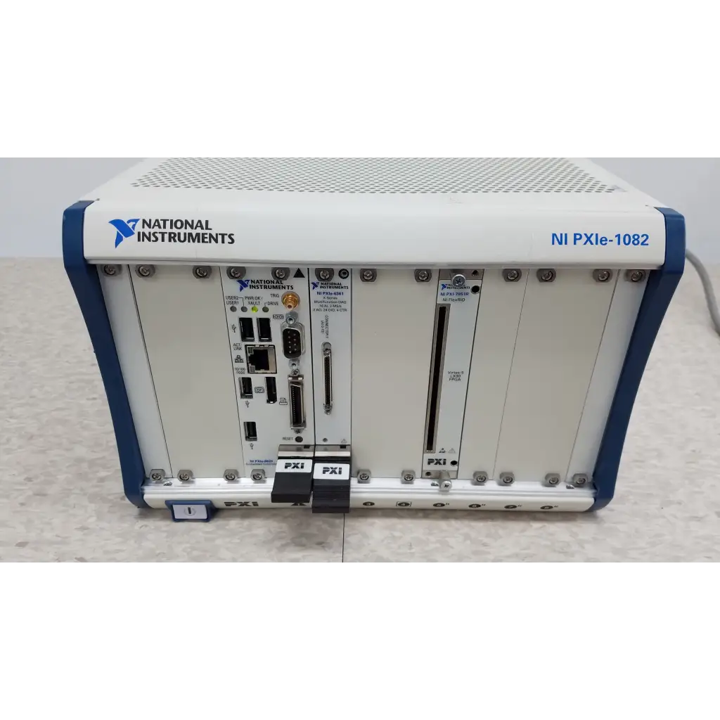 White and blue national instruments pxi express ni pxie-1082 chassis with multiple i/o ports for data acquisition system