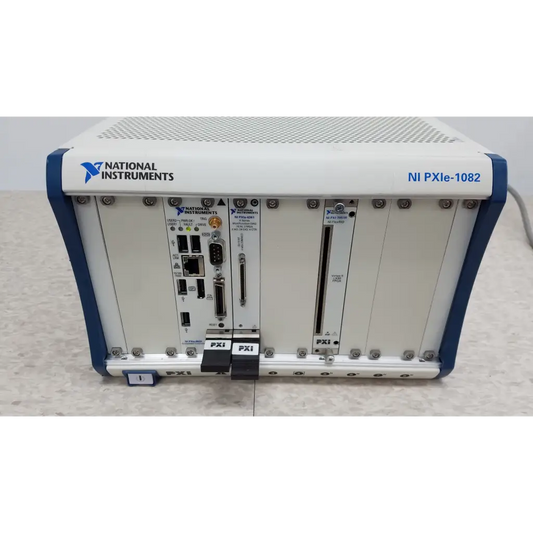 White and blue national instruments pxi express ni pxie-1082 chassis with multiple i/o ports for data acquisition system