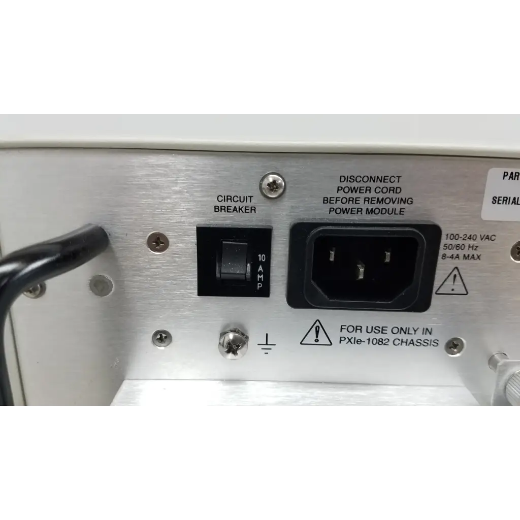 Silver metal power module with black circuit breaker and ac plug for national instruments pxi express data acquisition chassis