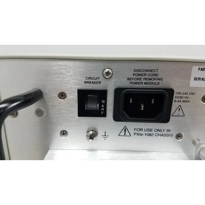 Silver metal power module with black circuit breaker and ac plug for national instruments pxi express data acquisition chassis