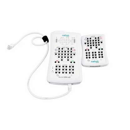 White natus nicolet eeg v32 headband with black buttons and coiled cable for nicolet eeg v32 amplifier system