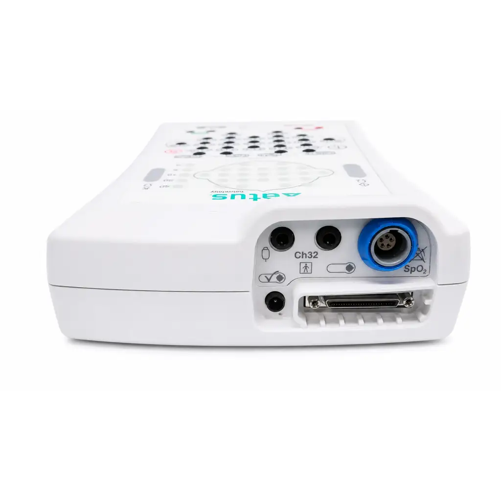 Back side of white natus nicolet eeg v32 amplifier with blue spo2 port and multiple black input ports for medical use