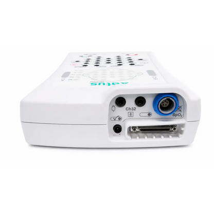 Back side of white natus nicolet eeg v32 amplifier with blue spo2 port and multiple black input ports for medical use