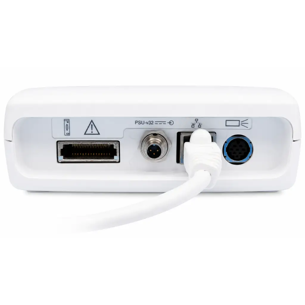 Back side of white plastic natus nicolet eeg v32 amplifier with usb-c ethernet and blue circular power connector
