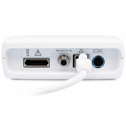 Back side of white plastic natus nicolet eeg v32 amplifier with usb-c ethernet and blue circular power connector