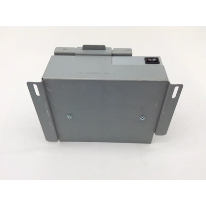 Gray metal electrical enclosure power supply with mounting brackets and black toggle switch for ncr 497-0442824b power