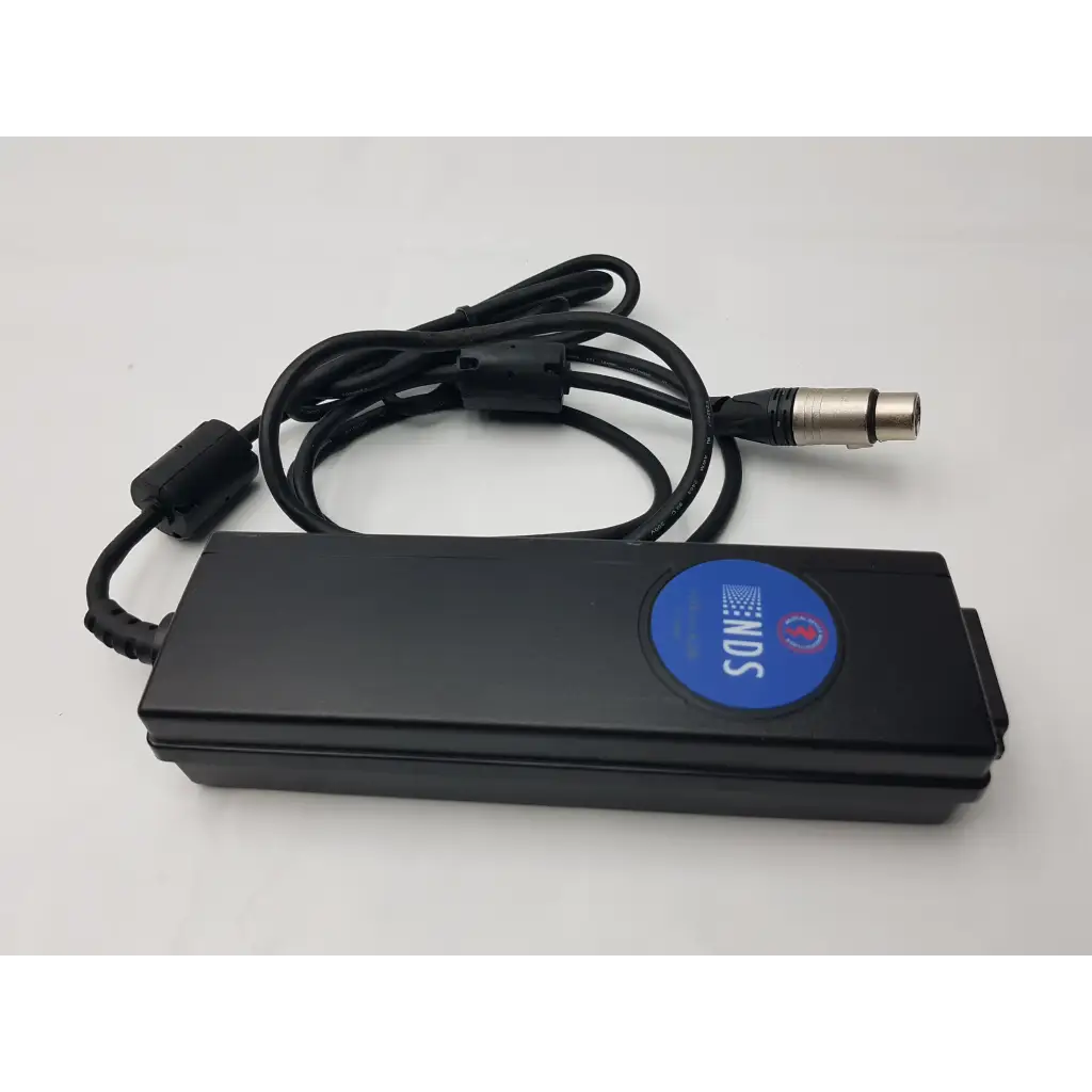 Black rectangular medical power supply bpm150s24f06 with coiled cable and silver xlr connector featuring blue inds sticker
