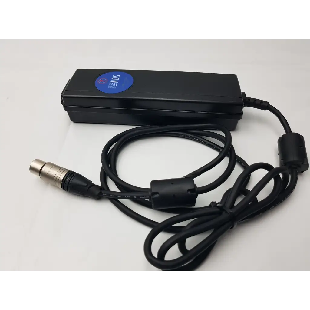 Black rectangular medical power supply bpm150s24f06 with blue logo and coiled cable featuring silver xlr connector