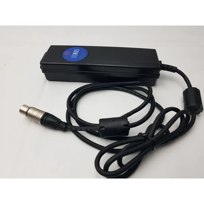 Black rectangular medical power supply bpm150s24f06 with blue logo and coiled cable featuring silver xlr connector