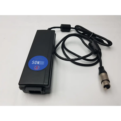 Black rectangular medical power supply bpm150s24f06 with blue logo and coiled cable ending in metallic xlr connector
