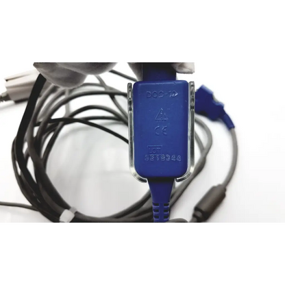 Blue plastic Nellcor DOC-10 spo2 adapter cable with clear protective clip compatible with spo2 adapter cable devices