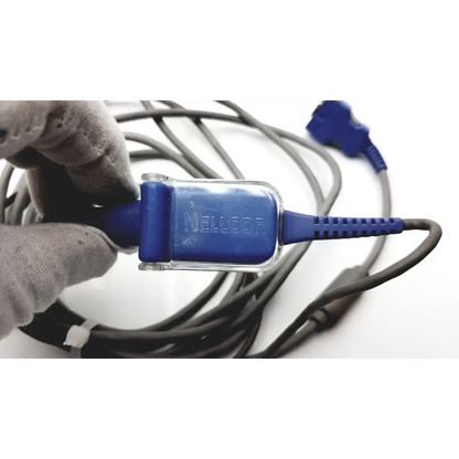 Blue nellcor spo2 adapter cable with clear plastic housing and textured grip compatible with doc-10 sensor