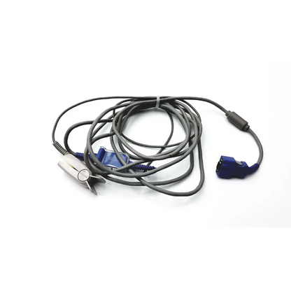 Silver and blue Nellcor DOC-10 spo2 adapter cable with coiled black sensor cable compatible with spo2 adapter devices