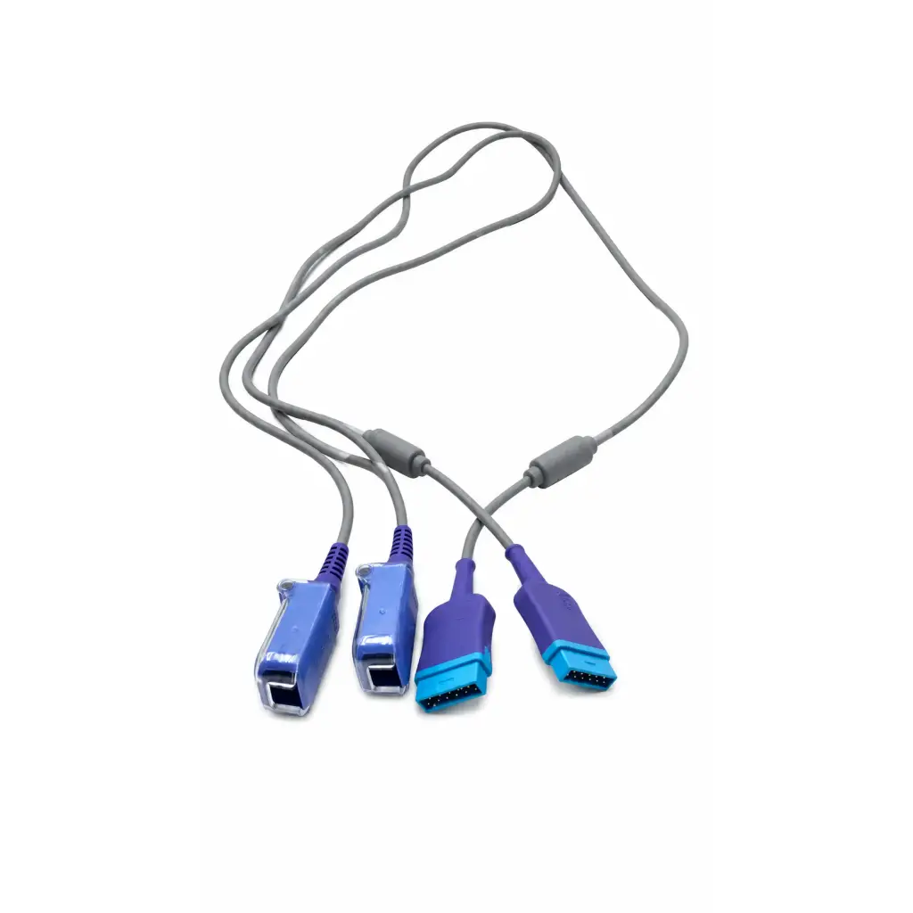Blue and purple Nellcor DOC-10 spo2 extension adapter cable set with gray connectors for biomedical use