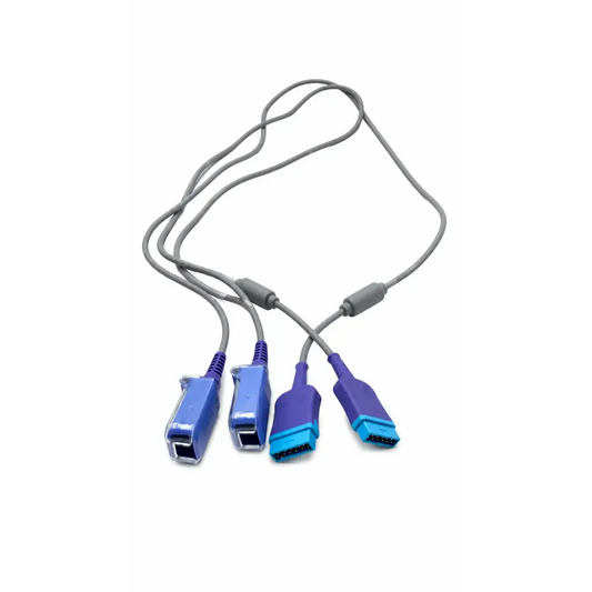 Blue and purple Nellcor DOC-10 spo2 extension adapter cable set with gray connectors for biomedical use