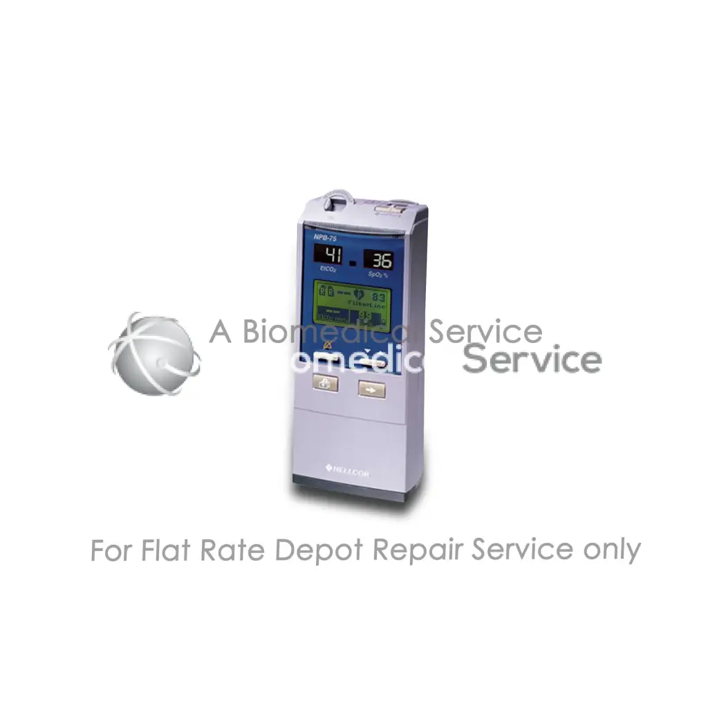 Silver rectangular nellcor npb 75 co2 monitor with blue digital display for medical equipment repair service