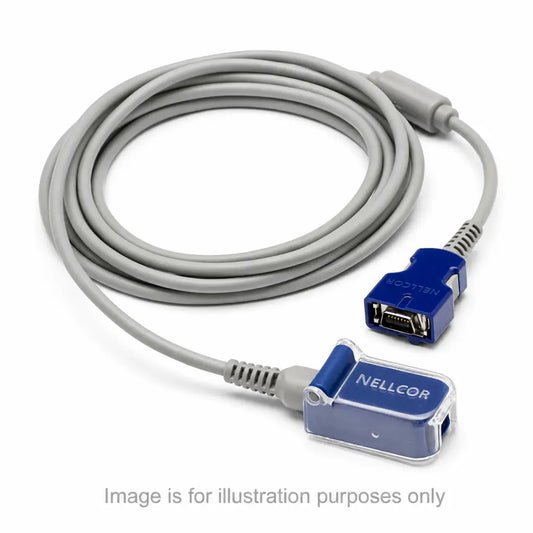 Gray coiled nellcor spo2 adapter extension cable with blue connectors and clear plastic housing biomed certified