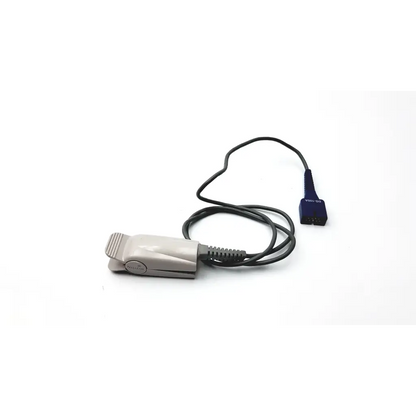 Gray plastic nellcor spo2 sensor ds100a pulse oximeter clip with black coiled cable and dark blue connector