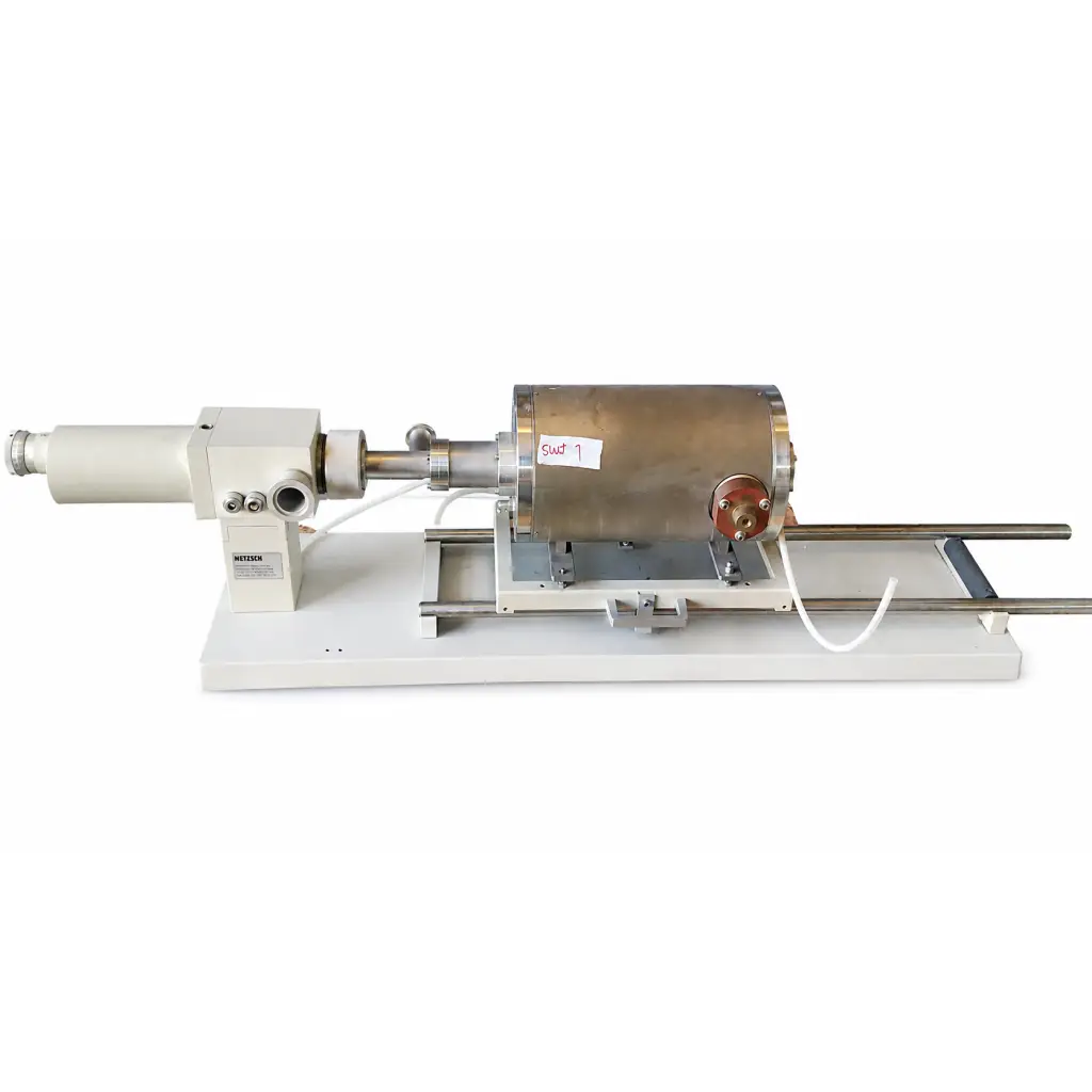 A biomed certified netzsch dil high-temperature horizontal dilatometer with brass finish and copper fittings on white base