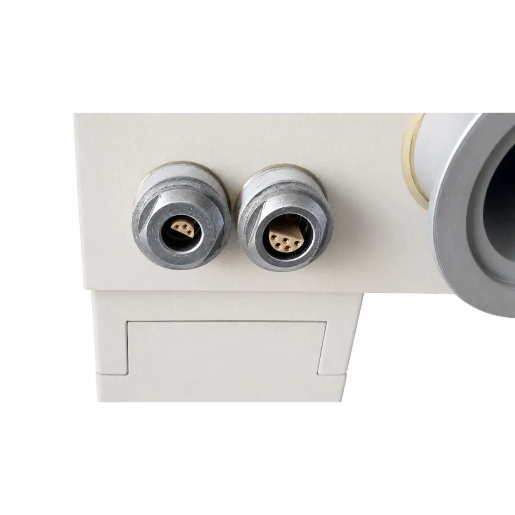 Two metallic electrical connectors with brass-colored pins on light gray panel of biomed certified netzsch dil 402 e measuring unit